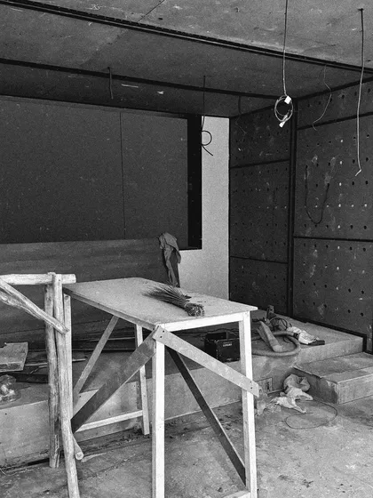 Another work-in-progress view. The acoustic paneling is being installed in what will become a media or home theater room.