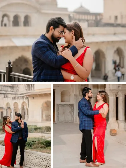 A collage from Nihit and Komal's shoot at Amer Fort, showcasing their modern outfits against the ancient architecture.