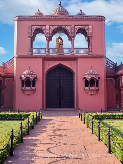 A breathtaking wide shot showcasing the scale of our pink palace architecture, with the couple sharing an intimate moment on the balcony.
