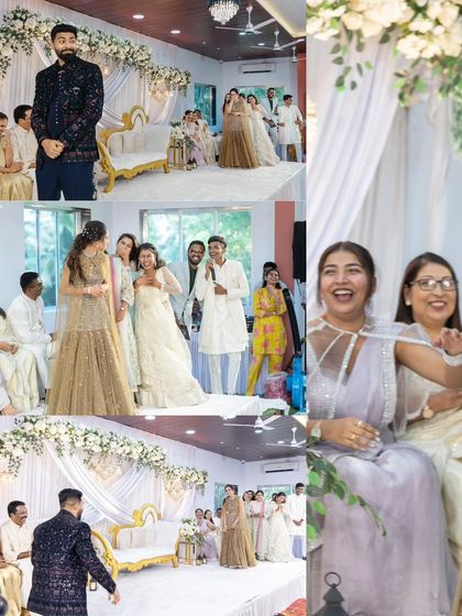 A collage of the fun and games at the engagement party. These interactive moments are a great way to break the ice and get all the guests involved in the celebration.