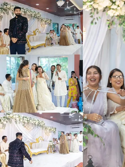 A collage of the fun and games during the engagement ceremony, showing the involvement of friends and family in the celebration.