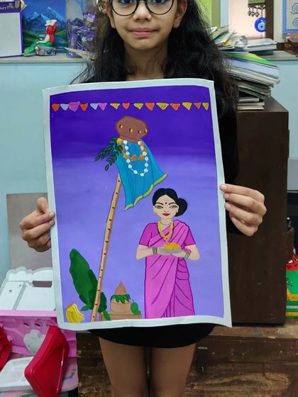 This detailed Gudi Padwa artwork includes a beautifully dressed woman, adding a wonderful narrative element to the festive scene.