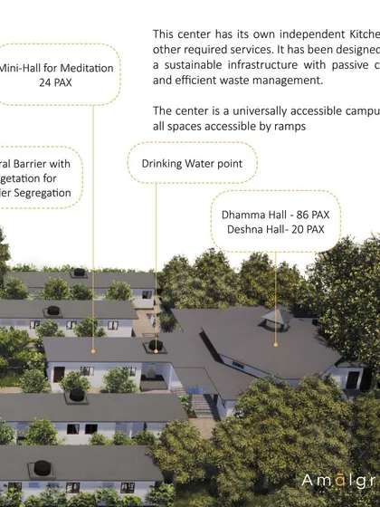 A duplicate of 61, this render highlights key features of the meditation center, including the main Dhamma Hall and natural vegetation barriers.