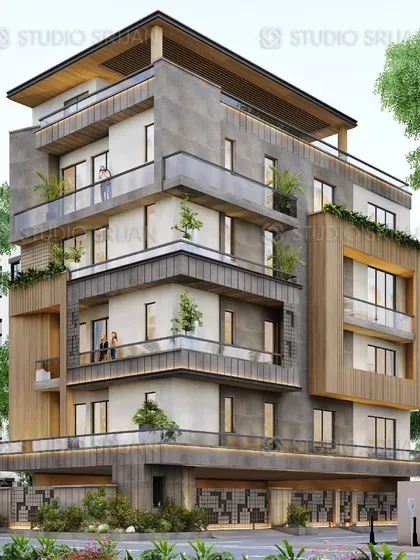 An angled view of a 240 sq. yard residential design in Pitampura. The facade is a complex composition of overlapping planes, with wood-clad sections and concrete textures creating a layered look.