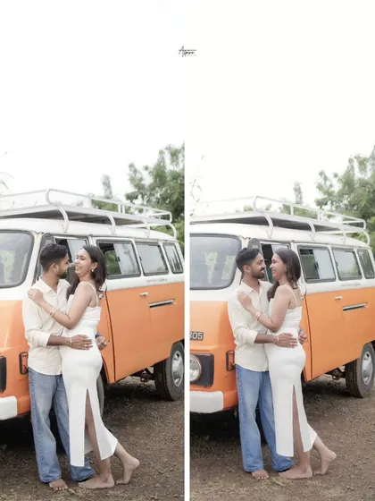 A classic couple pose with a vintage twist. Kunal and Darshita look effortlessly cool and connected as they embrace in front of a retro camper van, blending romance with a touch of adventure.