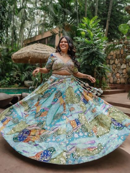 A fun, twirling shot from the Haldi event. The makeup is designed to stay put, even with all the dancing and festivities.