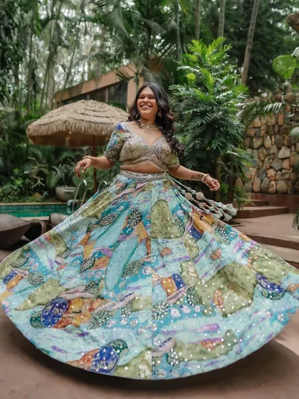 A fun, twirling shot from the Haldi event. The makeup is designed to stay put, even with all the dancing and festivities.