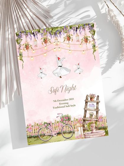 An elegant card from a wardrobe planner designed for a Sufi Night. The soft pink watercolor background features whirling dervishes and romantic garden elements, setting a mystical and serene tone for the evening.