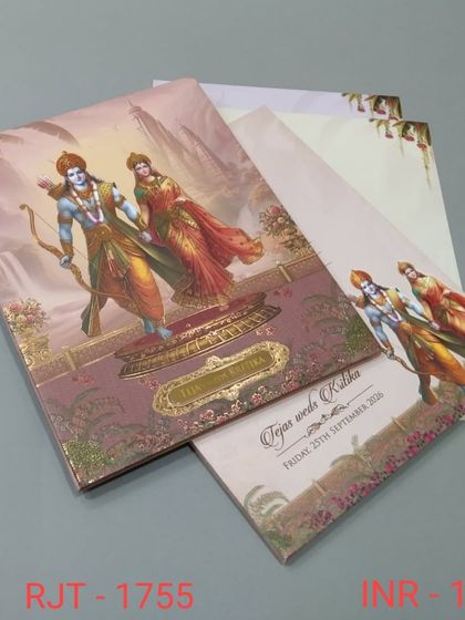 This invitation showcases a beautiful illustration of Lord Rama and Sita, perfect for a wedding rooted in Hindu tradition. The card includes matching inserts with the same divine theme.