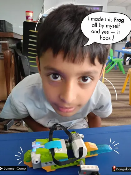 "I made this Frog all by myself and yes, it hops!" This is the magic of our robotics camp, where kids learn to build and code their own moving creations.
