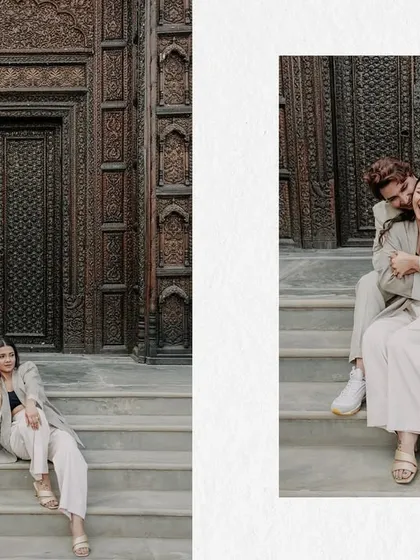 A two-panel layout showing a posed and a candid moment on the steps. This highlights the variety I aim for in a pre-wedding session, capturing both elegant portraits and moments of pure, uninhibited laughter.