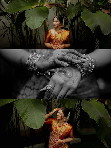 A creative collage focusing on the bride's beauty, from portraits framed by nature to a detailed black and white shot of her henna-adorned hands.