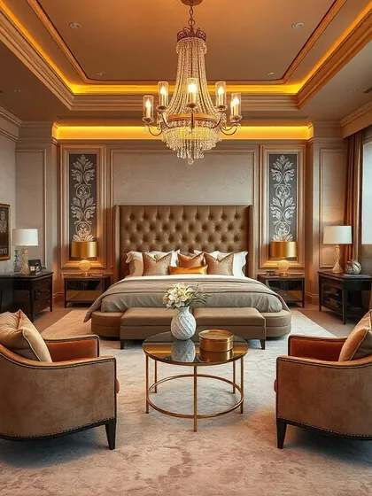 This neoclassical concept features a grand, symmetrical layout with a seating area at the foot of the bed, perfect for a private retreat.