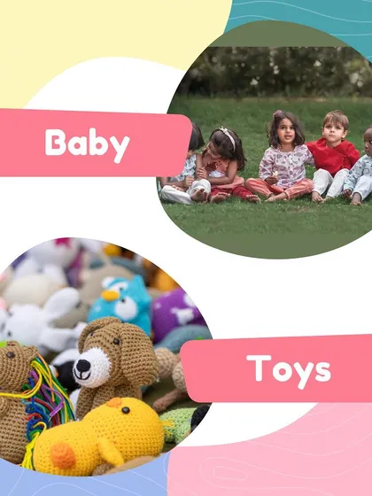 From cuddly crochet toys to babies enjoying the outdoors, this graphic captures the essence of the baby and toy products you'll find.