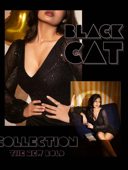 A close-up collage focusing on the details of the "Black Cat" dress, like the sequined fabric and neckline.