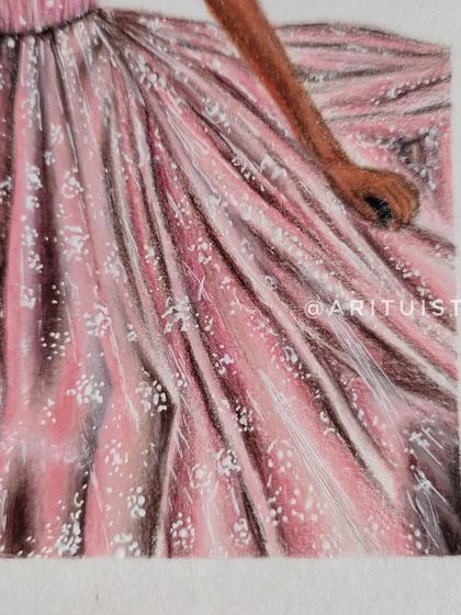 Another close-up of the pink dress's skirt, showing the layers of color used to create depth and movement in the fabric.