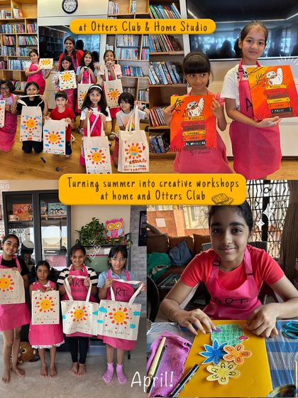 A collage from my creative summer workshops for kids, held at my home studio and Otters Club. We explored different projects, including canvas painting and tote bag art.