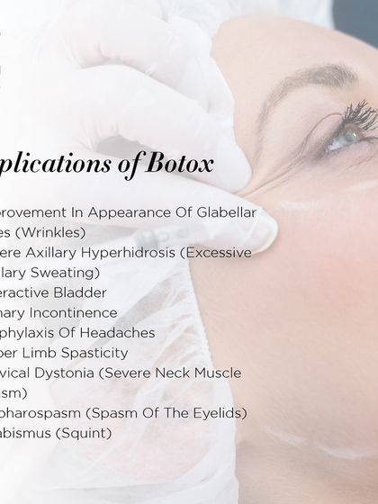 Many people think Botox is only for wrinkles, but its applications are much wider. This graphic lists some of the medical and cosmetic uses, including treating muscle spasms and even headaches.