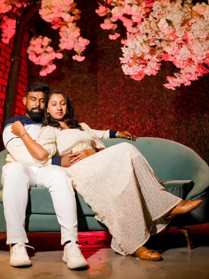 Another beautiful shot on our indoor sofa set, with a backdrop of cherry blossoms. This combines comfort with a touch of nature.