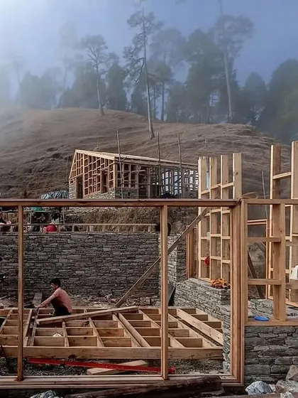 Mist rolls through the valley as the timber framing for our Vasudev guesthouses progresses. Building in the Himalayas means adapting to ever-changing weather conditions, with slow and steady progress marking the path forward.