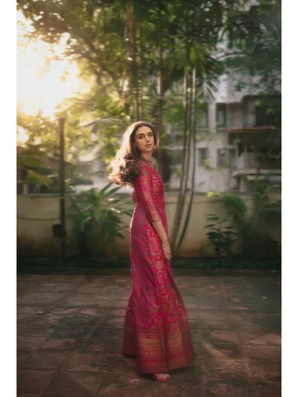 Another view of the Payal Khandwala jumpsuit, capturing the beautiful light and rich texture of the fabric.