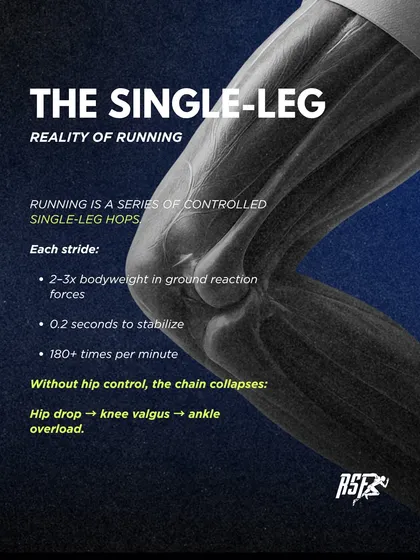 Running is a series of controlled single-leg hops. Each stride generates ground reaction forces of 2-3 times your bodyweight. Without hip control to manage these forces, the kinetic chain collapses, leading to overload elsewhere.