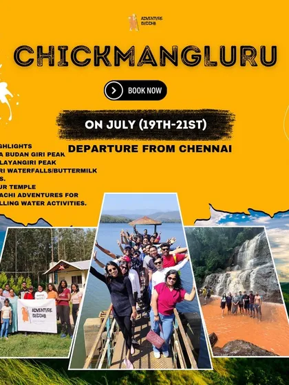 A promotional graphic for our Chikmagalur trip from Chennai, highlighting the key attractions like Mullayanagiri and Jhari Falls.
