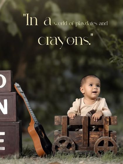 In a world of playdates and crayons. This outdoor first birthday photo with a wooden cart and guitar perfectly captures the spirit of childhood.