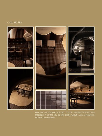 This mood board for the "Call Me Ten" project illustrates how the flooring leads the design. The dark, moody grid tiles frame the room, inviting you in with depth and a promise of refinement, setting the tone for the entire sculptural space.