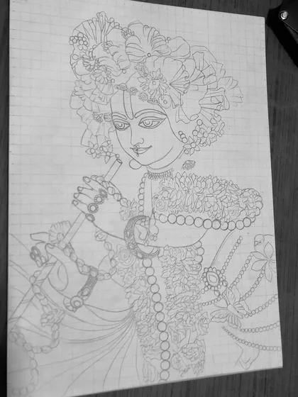 The initial grid sketch for the detailed Krishna portrait. This is a crucial step to ensure all the proportions and details are perfect before I start painting.