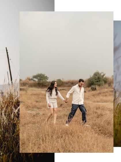 A collage showing the couple walking hand-in-hand through a dry, grassy field. The earthy tones and wide-open space give it a rustic, natural feel.