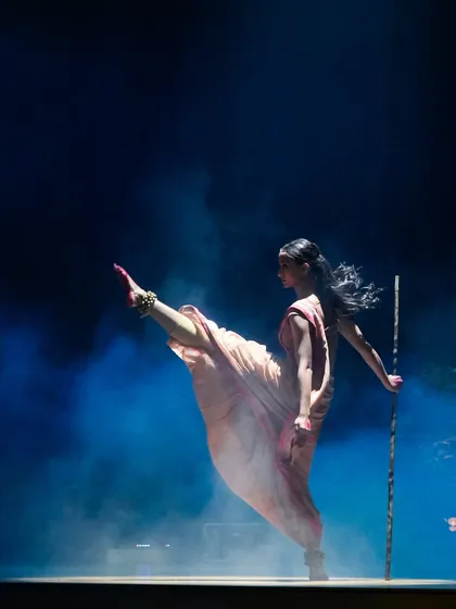 A powerful moment from the theatrical production 'Sitayana'. This dynamic pose, captured mid-action, showcases the strength and storytelling central to my contemporary and classical dance fusion performances.