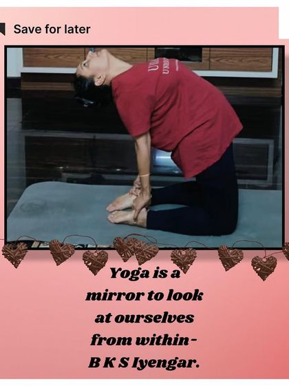 A beautiful quote from B.K.S. Iyengar, "Yoga is a mirror to look at ourselves from within," featured with a photo of one of my students in Ustrasana (Camel Pose).