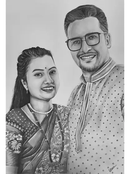 A realistic pencil sketch of a smiling couple, perfect for an anniversary or wedding gift. I focused on their happy expressions and the details in their traditional attire, like the intricate sari pattern and mangalsutra.