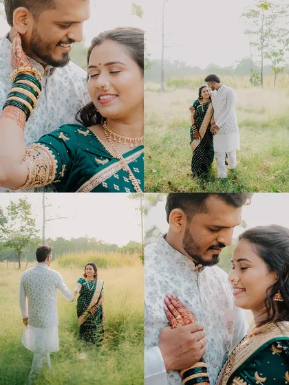 A collage showcasing different moments from a pre-wedding shoot, from romantic strolls to tender embraces, all set in a beautiful natural landscape.