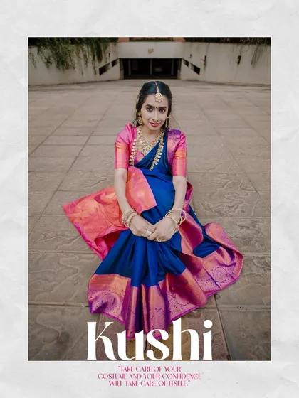 A seated pose from the "Kushi" series, showcasing the beautiful drape and color of the saree. This demonstrates a variety of poses within a single portfolio shoot.