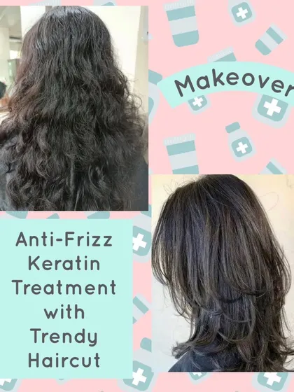 Here, we paired an anti-frizz Keratin treatment with a trendy, layered haircut. This demonstrates how our smoothing services can complement a modern style, adding sleekness while maintaining movement.