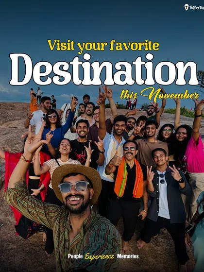 "Visit your favorite Destination this November." A large, happy group photo from a Hampi trip, encouraging you to join the fun.