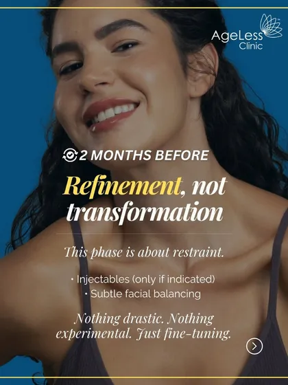 For my brides, the journey to glowing skin should be a calm and planned process. I recommend starting about two months before the wedding for any subtle facial balancing or injectables. My approach is always refinement, not transformation, ensuring you look like the most radiant version of yourself on your special day.