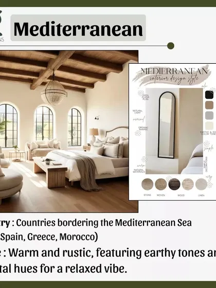 Mediterranean style, from countries like Italy, Spain, and Greece, evokes a relaxed, coastal vibe. It features warm, earthy tones, natural materials like terracotta and wood, and arched doorways.