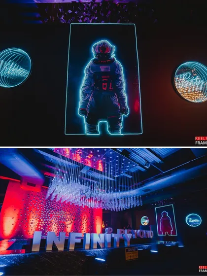 Neon astronauts, a massive 'Infinity & Beyond' sign, and a dramatic crystal chandelier. These decor elements were key to creating the immersive, celestial atmosphere of the party.