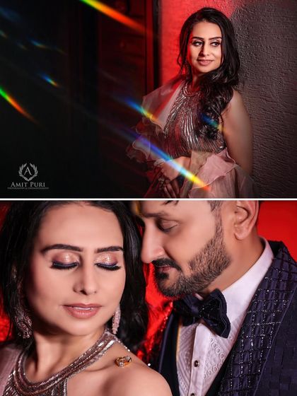 A collage of dramatic and colorful portraits. The use of a rainbow light effect and a bold red background adds a creative and modern flair to these intimate couple shots.