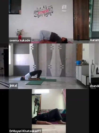 Participants practice Setu Bandhasana (Bridge Pose) in our online class. This pose strengthens the back, glutes, and hamstrings while opening the chest.