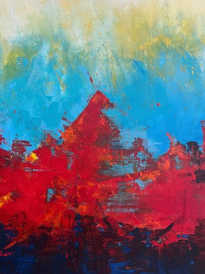 Another piece from the 'Rise' series. The layers of red, blue, and yellow create a sense of a landscape on fire or a dramatic sunset. It's a piece that is all about raw, expressive emotion.