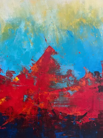 A piece from my 'Rise' series, this abstract painting contrasts fiery red against a serene blue and yellow sky. The bold, textured strokes create a sense of upward movement and raw energy, perfect for a modern interior.
