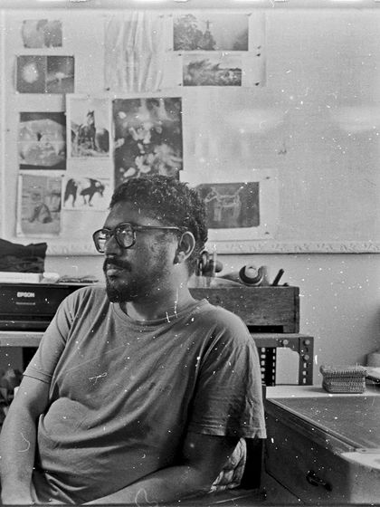 A portrait of our darkroom expert, Krishanu, captured on black and white film. The grain and character of film photography are a huge part of what we love and teach at Kānike.