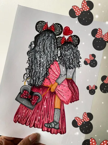 Another take on a mother-daughter illustration, this time with a Minnie Mouse theme. The mandala pattern is hidden in their mouse ears, adding a unique and personal touch to the drawing.
