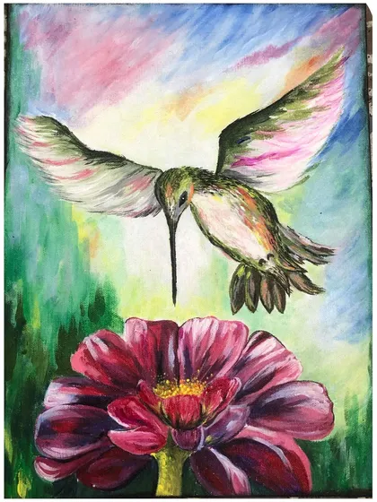 A beautiful canvas painting of a hummingbird hovering over a flower. This piece showcases skills in capturing movement and the delicate details of nature.