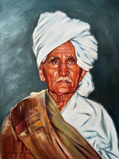 An oil on canvas commissioned portrait of an elder. The client wanted to immortalize a respected family member, and I focused on capturing his dignified expression and the texture of the traditional turban.