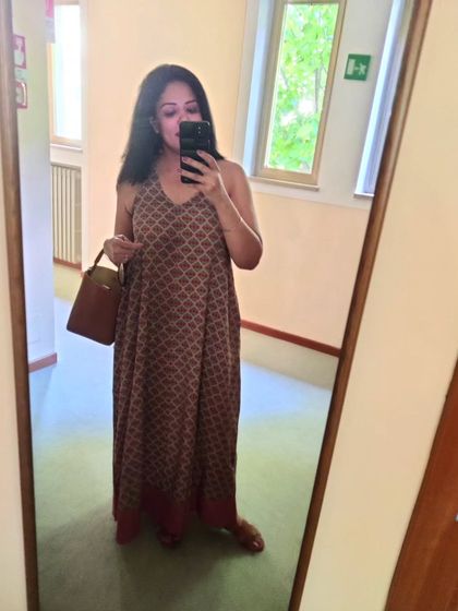 This printed cotton halter dress is an old favourite that has travelled with me on many holidays. It's comfortable, stylish, and needs minimal accessorizing.